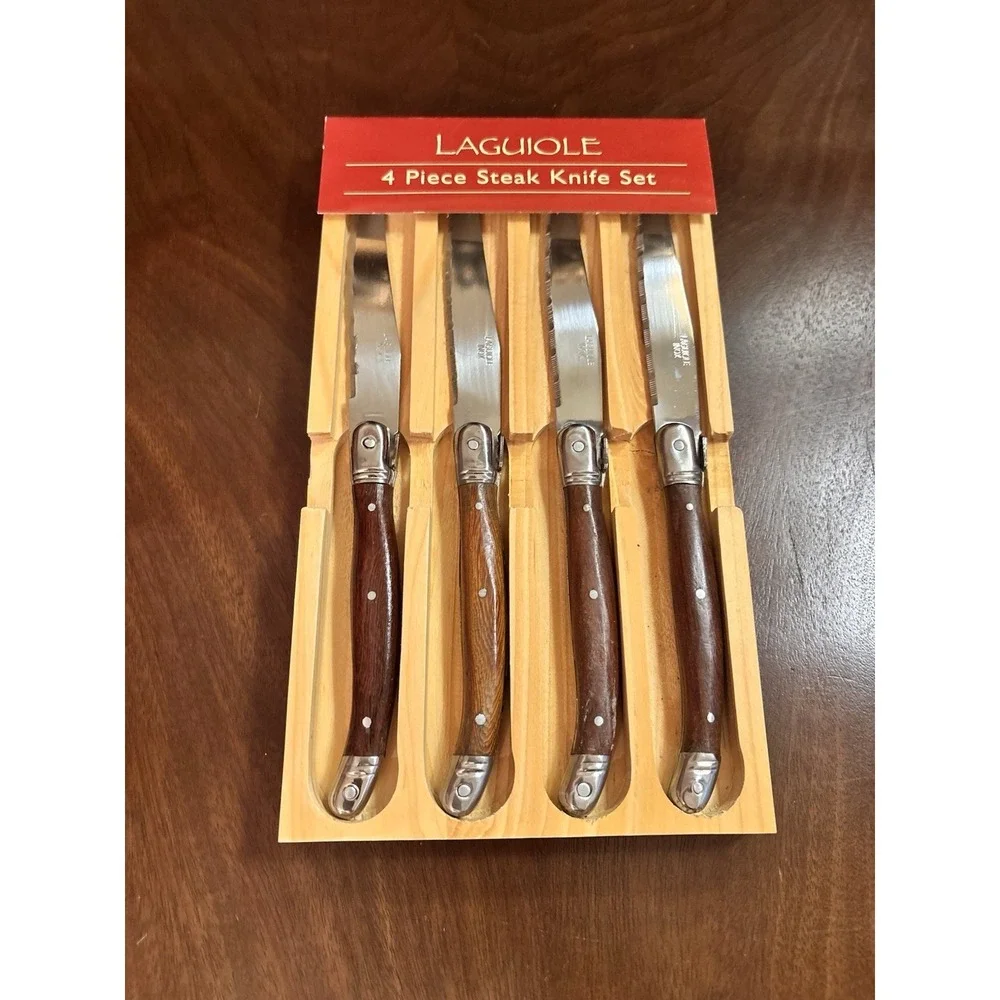 Laguiole 4 Pc Steak Knife Set Wood Handle Stainless Serrated Blades NIB Vintage